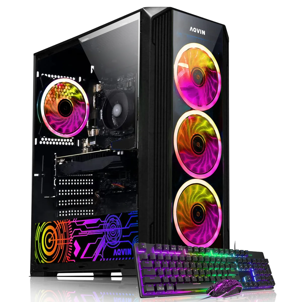 Black tower case with tempered glass side panel and RGB fan lighting