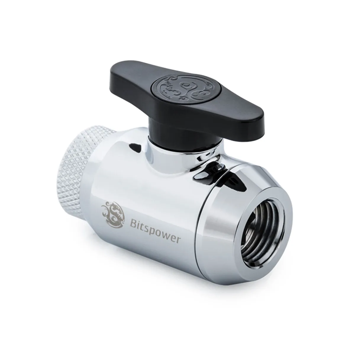 Silver mini drain valve with black handle and two G1/4 ports, 10mm flow path, 360° rotary end