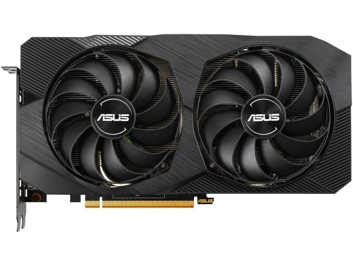 ASUS Dual Radeon RX 5500 XT graphics card with two axial fans and a protective metal backplate