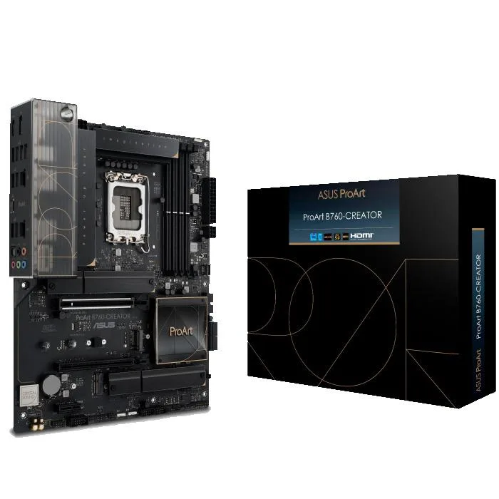 ATX motherboard with black heatsinks and silver accents