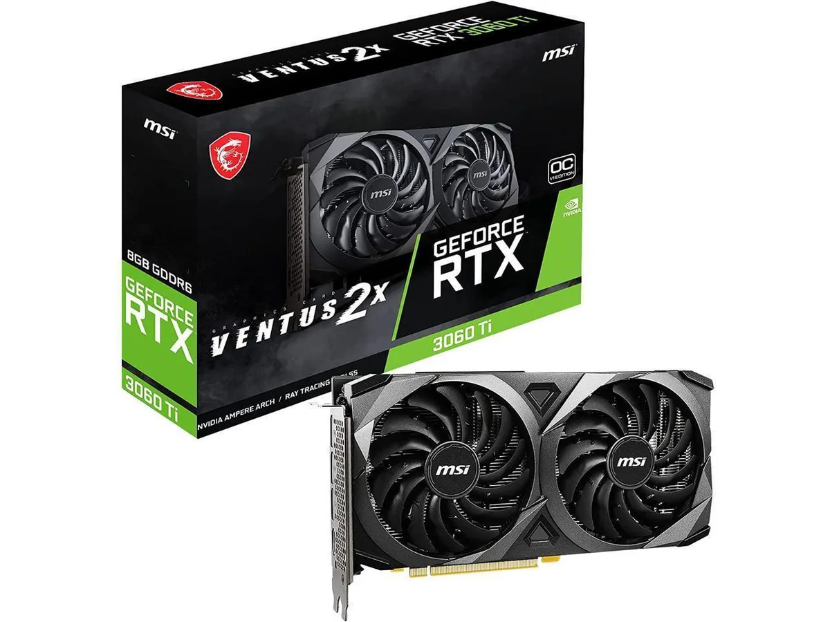 Dual-fan graphics card in dark grey with silver accents