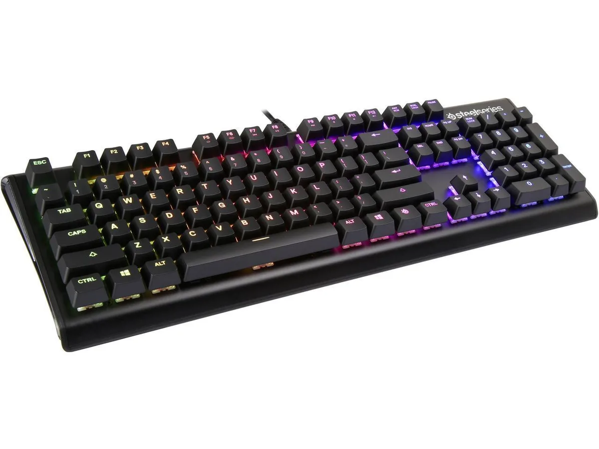 Black SteelSeries Apex M750 mechanical gaming keyboard with aluminium frame and per-key RGB lighting