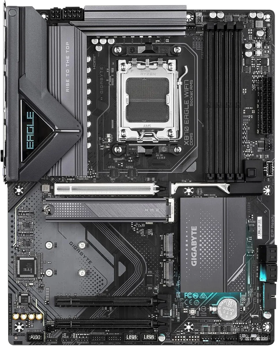 Rectangular ATX motherboard with silver heatsinks and black PCB