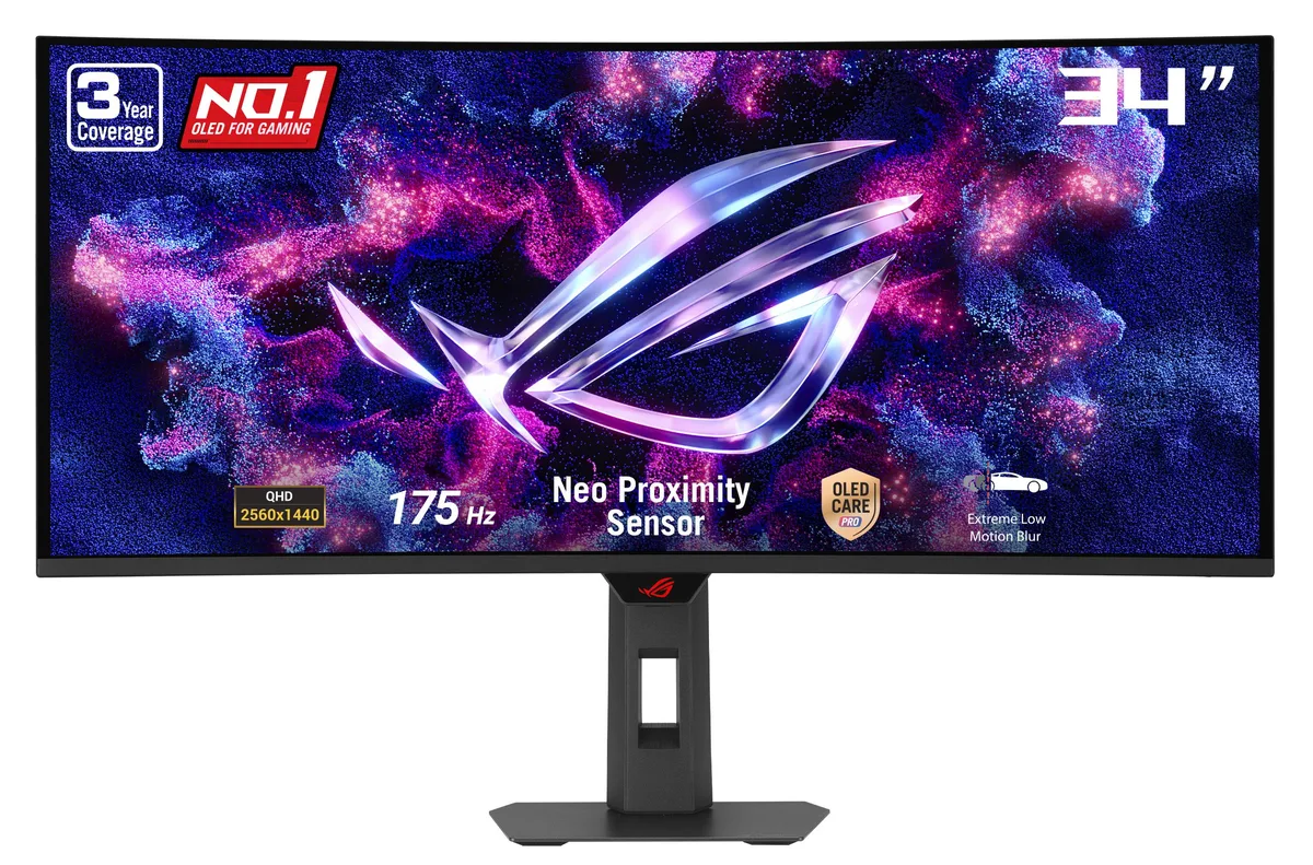 Black 34-inch ultrawide curved QD-OLED gaming monitor with thin three-sided bezels