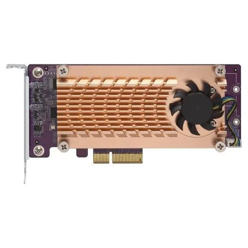 Green circuit board with two M.2 slots and a heatsink, low-profile bracket attached