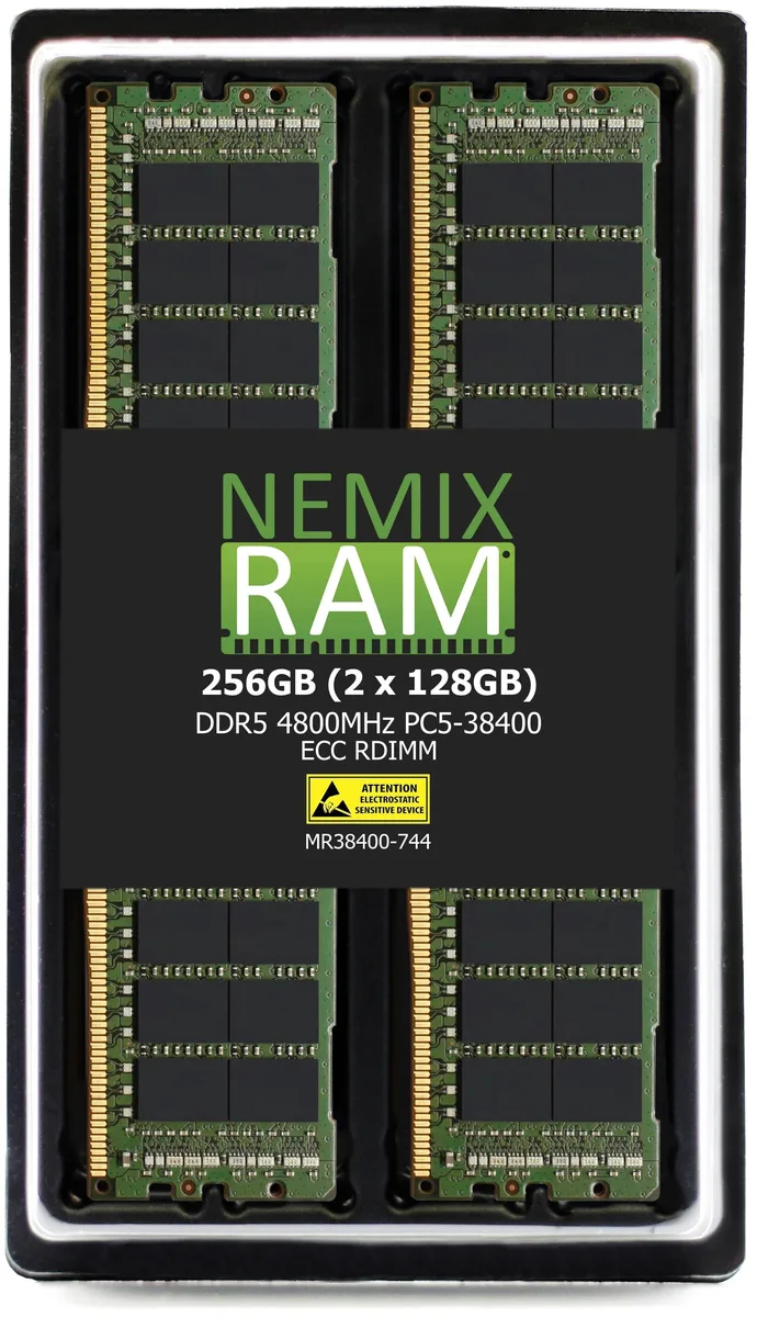 Two green DDR5 RDIMM sticks, no heat spreaders, 288-pin, 256GB kit