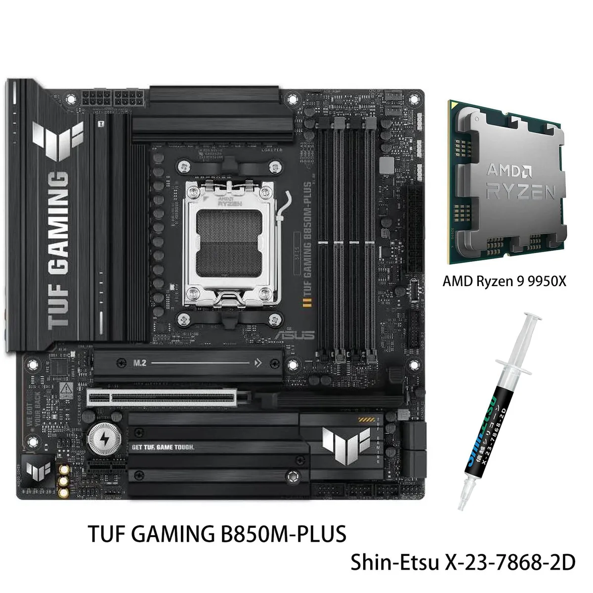 ASUS TUF Gaming B850M-PLUS mATX motherboard with AMD Ryzen 9 9950X CPU in AM5 socket