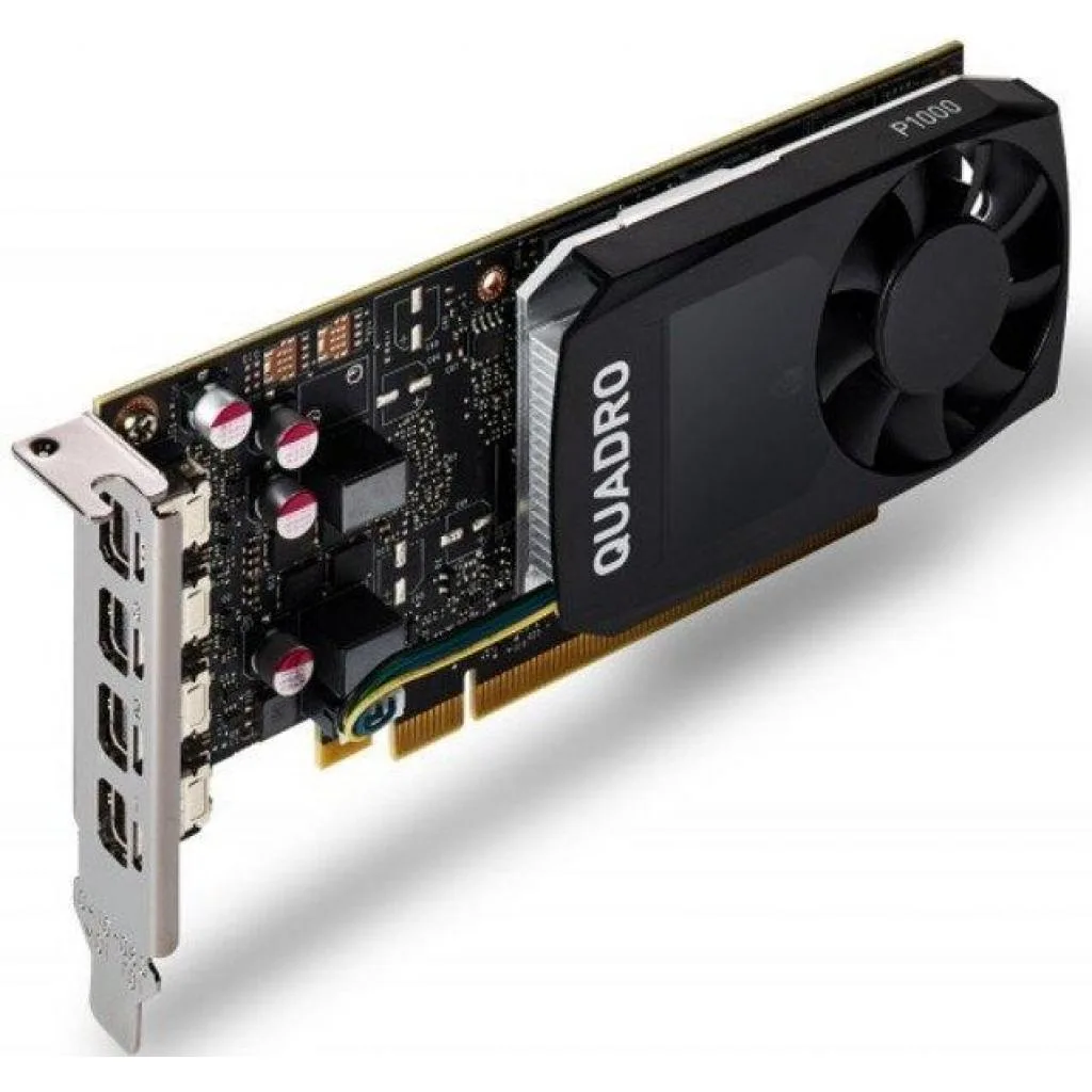 Green circuit board plug-in card with silver bracket and four mini DisplayPort connectors