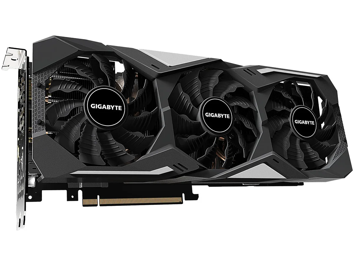 Black triple-fan graphics card with metal backplate, 286 mm long