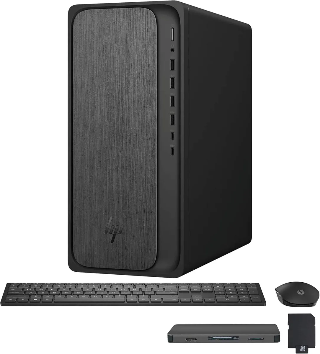 Black compact desktop tower with wireless keyboard and mouse