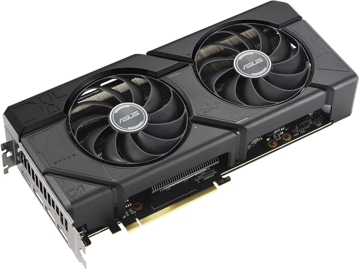 ASUS Dual RX 7700 XT OC graphics card with dual fans and dark shroud