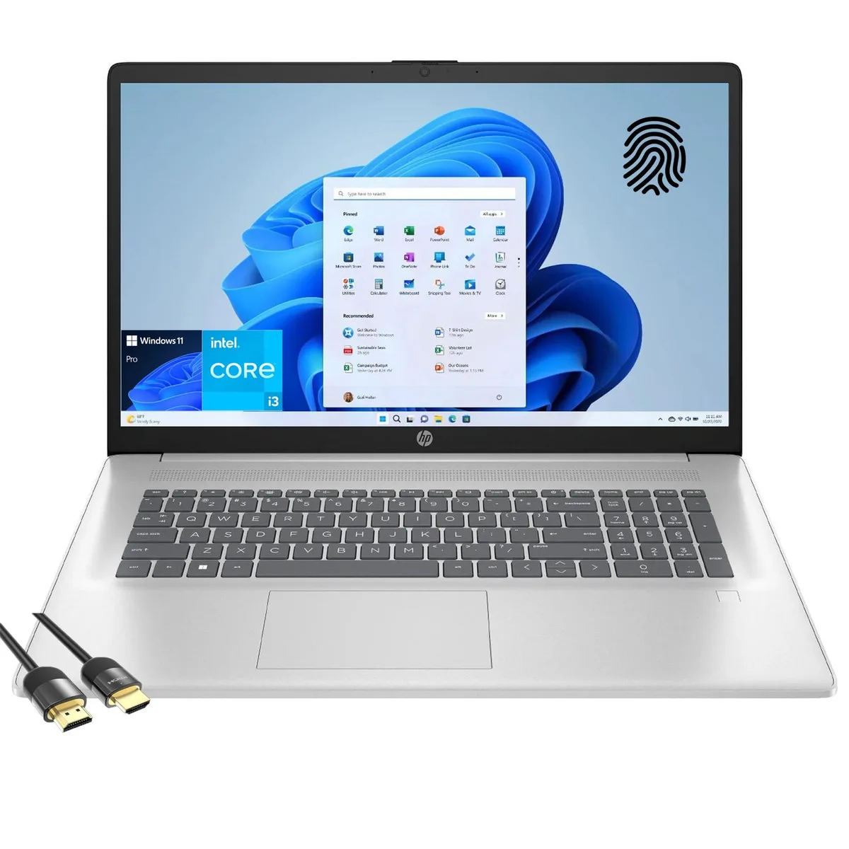 Silver 17.3 inch laptop open on desk showing keyboard and screen