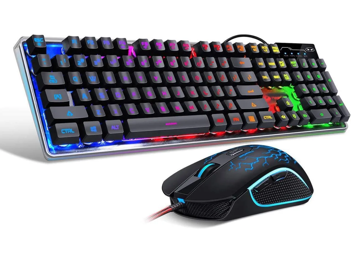 Black full-size keyboard with rainbow LED backlight and matching wired mouse