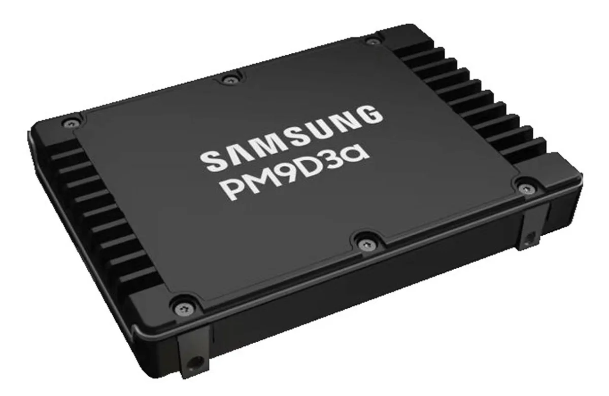 Silver 2.5 inch enterprise SSD with label showing Samsung PM9D3a 7.68 TB