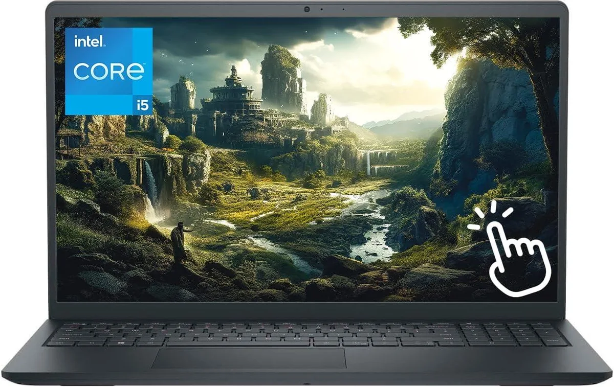 Black 15.6 inch touchscreen laptop, standard clamshell form factor, matte finish