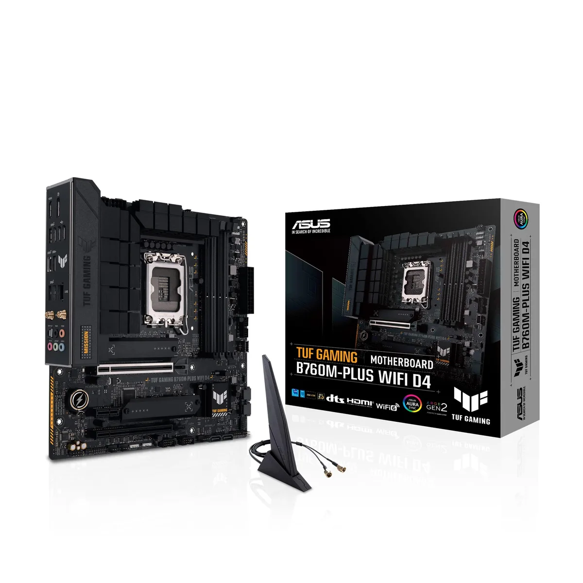 ASUS TUF Gaming B760M-PLUS WIFI 6 D4 mATX motherboard with black and grey heatsinks