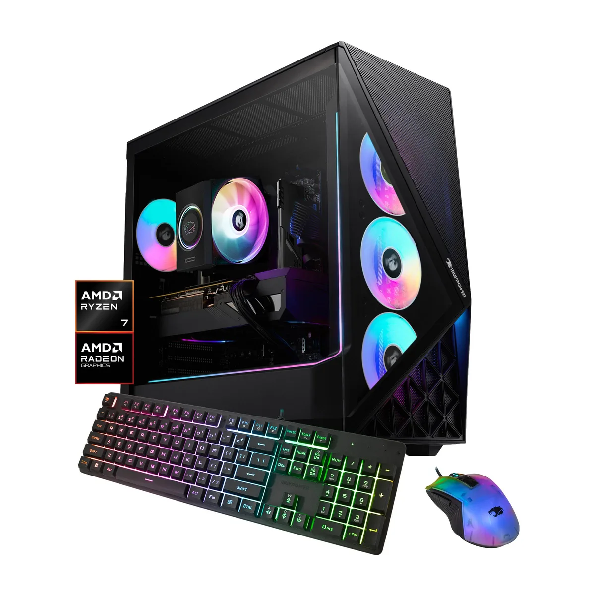Black mid-tower gaming desktop with RGB lighting and glass side panel