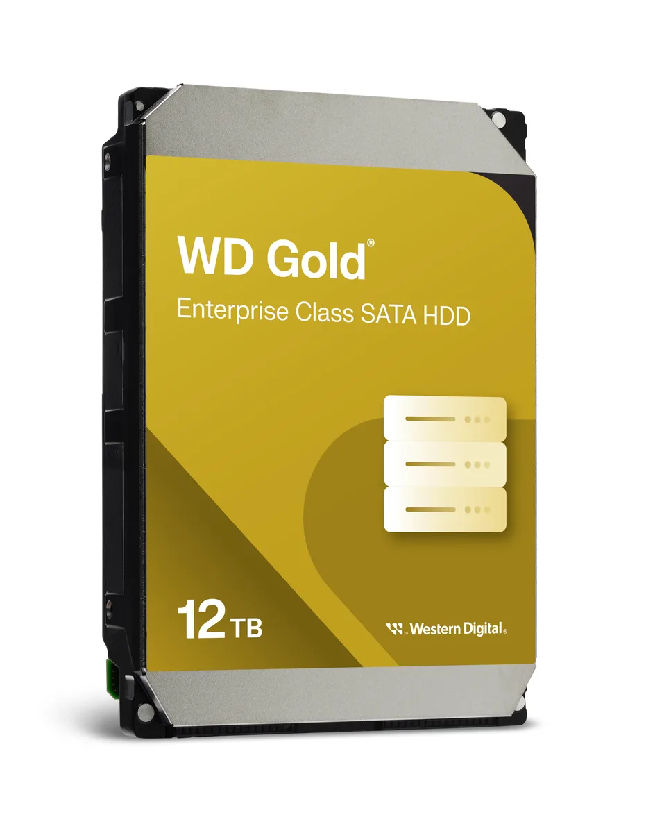 Silver 3.5 inch internal hard drive with label showing WD Gold 12TB