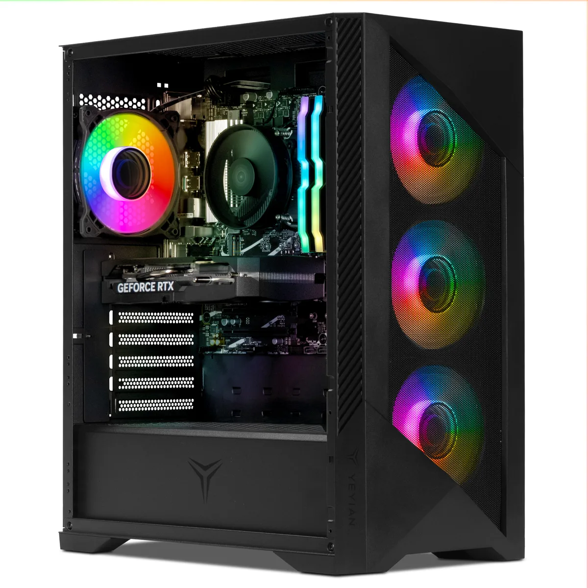 Mid-tower gaming PC in a dark chassis with ARGB lighting visible through the side panel