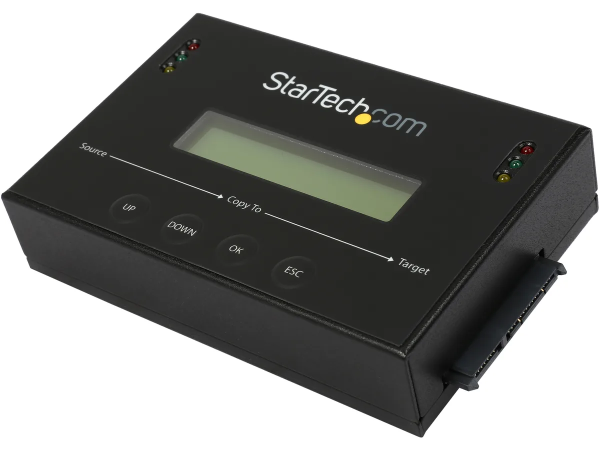 Black aluminum standalone SATA drive duplicator with two bays and LCD display