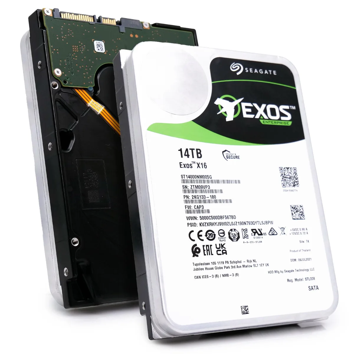 Silver 3.5-inch bare hard drive with exposed circuit board and label showing 14TB capacity
