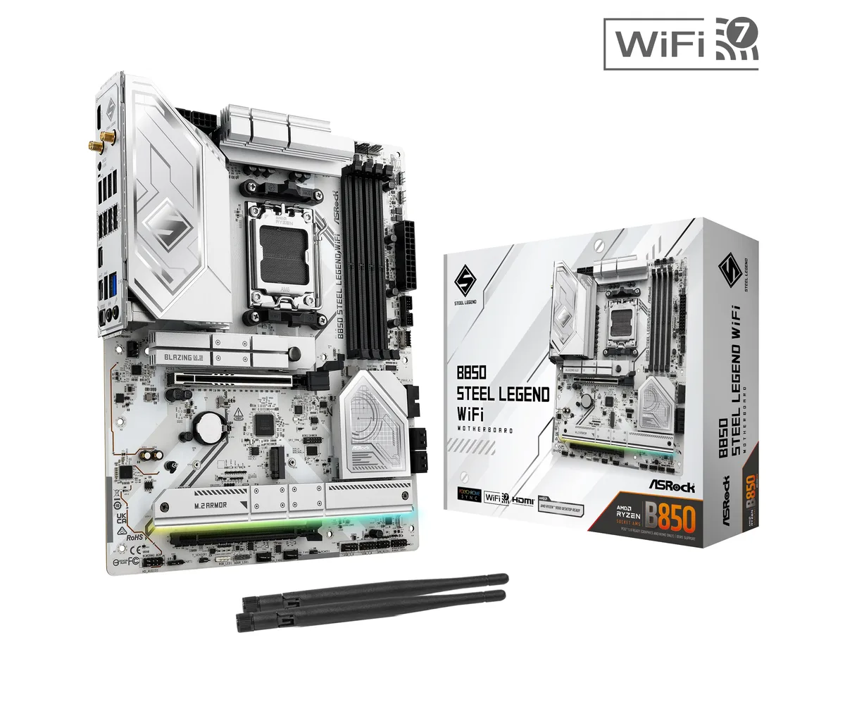 ASRock ASRock B850 Steel Legend WiFi AMD motherboard AM5 14+2+1 phase 80A Dr.MOS DDR5 8000+ 256GB — photo du produit