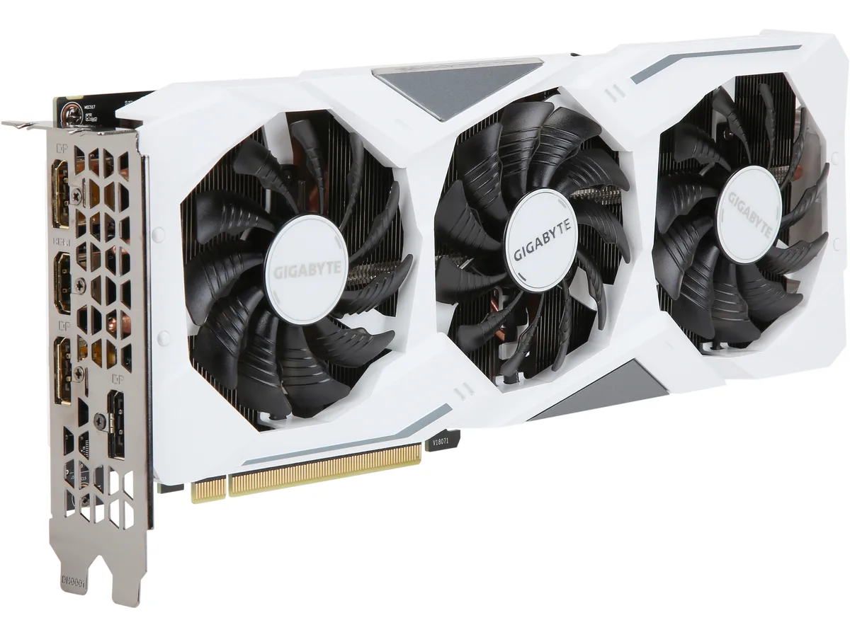 White triple-fan graphics card with metal backplate