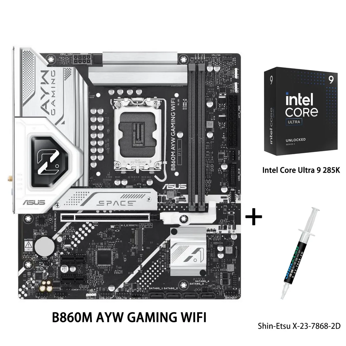 ASUS B860M AYW GAMING WIFI micro-ATX motherboard with Intel Ultra 9 285K CPU and thermal grease tube