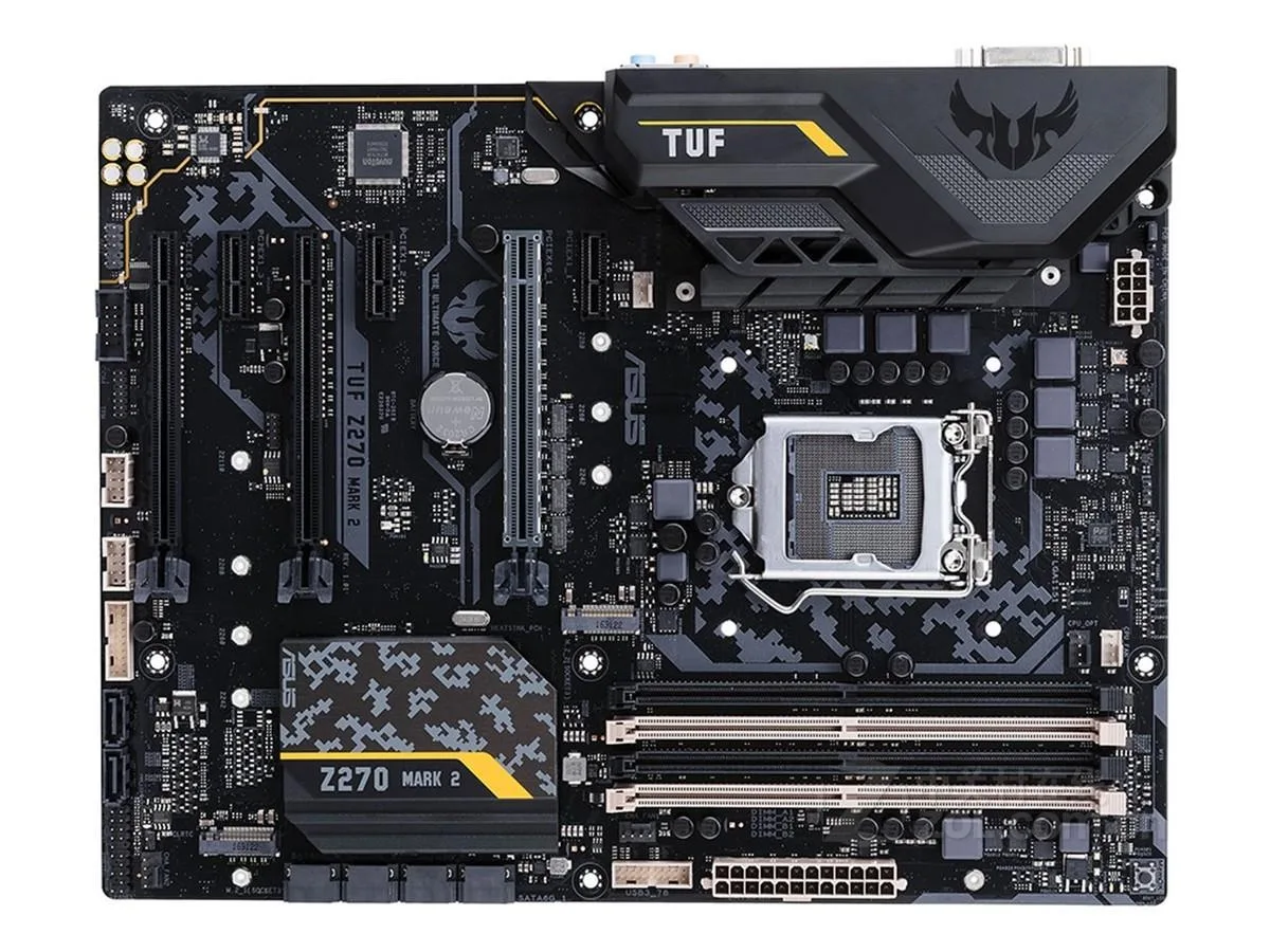 ATX motherboard with black and yellow camouflage finish