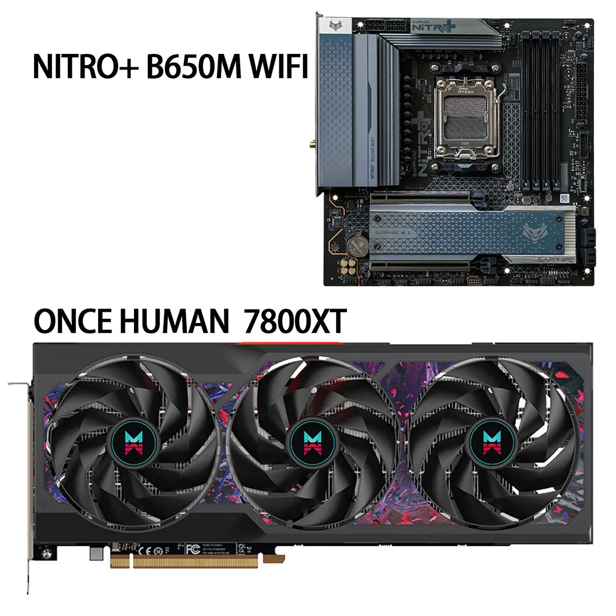 Frost-white graphics card with triple fans and ONCE HUMAN branding