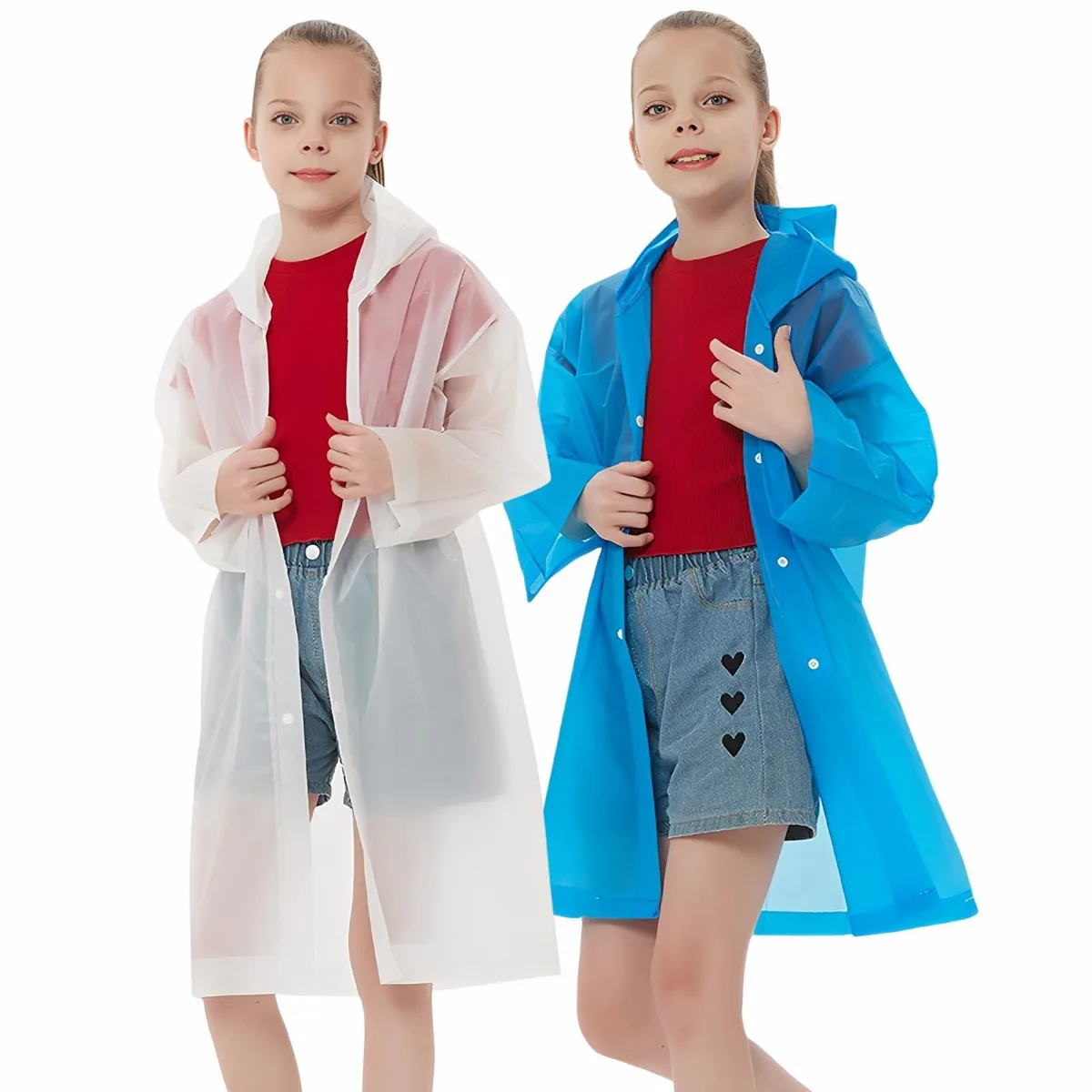 UPSEN Kids Rain Ponchos 2-Pack White Blue EVA 0.15mm 41in Chest — 商品照片