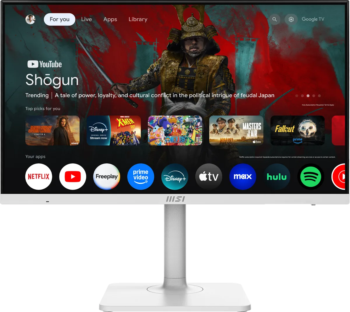 A 27 inch matte white flat monitor on a height adjustable stand