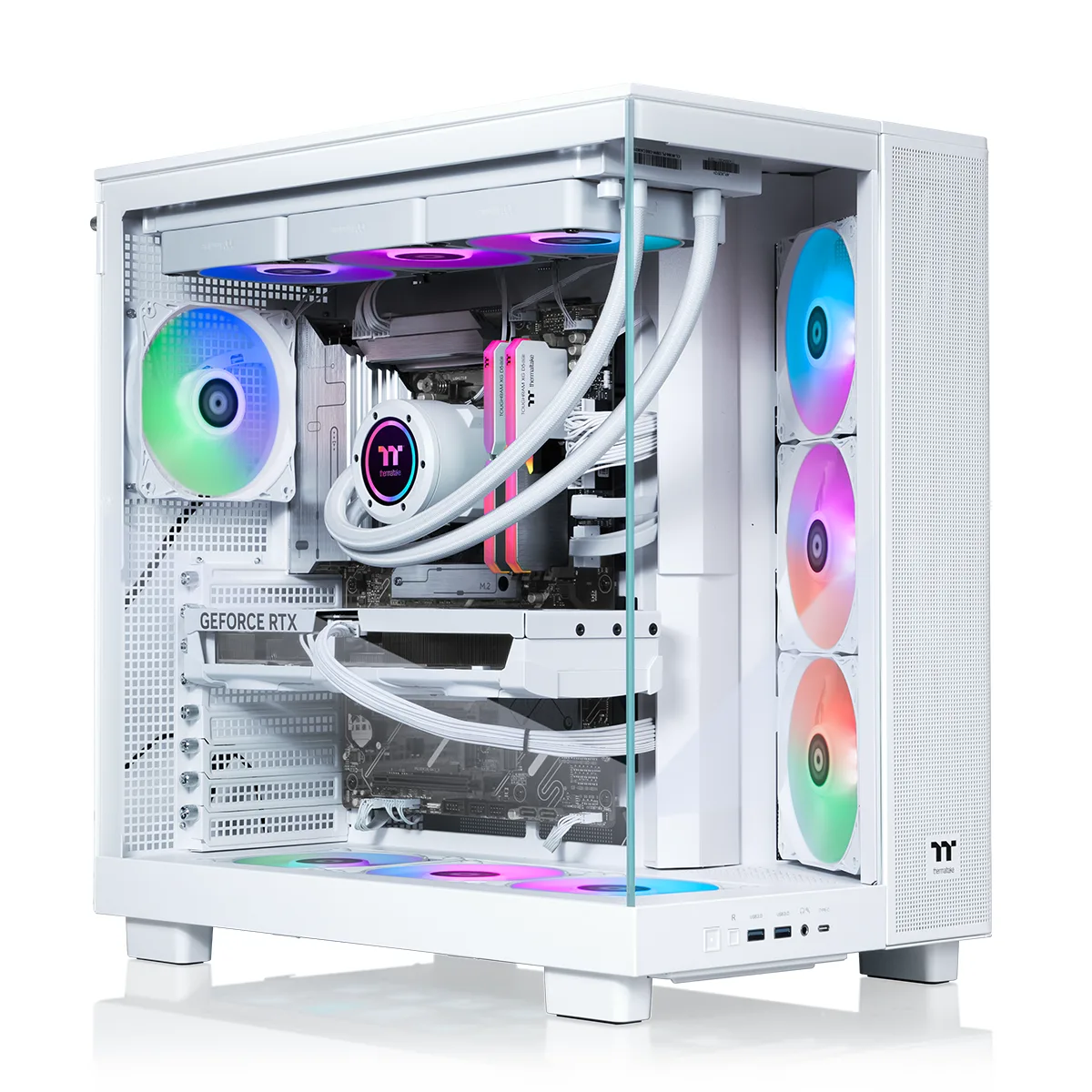 White full-tower gaming desktop with 360mm ARGB liquid cooler visible through glass side panel