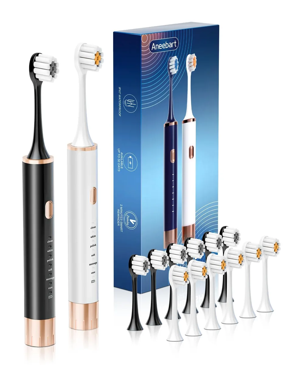  Waterpik Aneebart Sonic Electric Toothbrush 2 Pack Black White 12 Heads 6 Modes — product photo