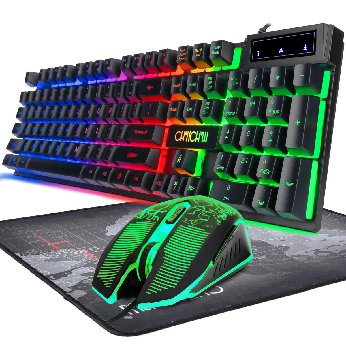 Black wired gaming keyboard with rainbow backlighting, matching ambidextrous mouse and mouse pad