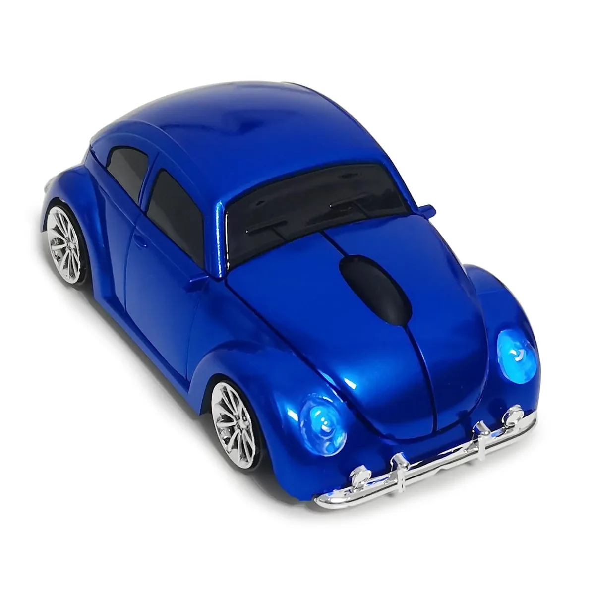 Blue sport-car-shaped wireless mouse with headlights, USB receiver stored underneath