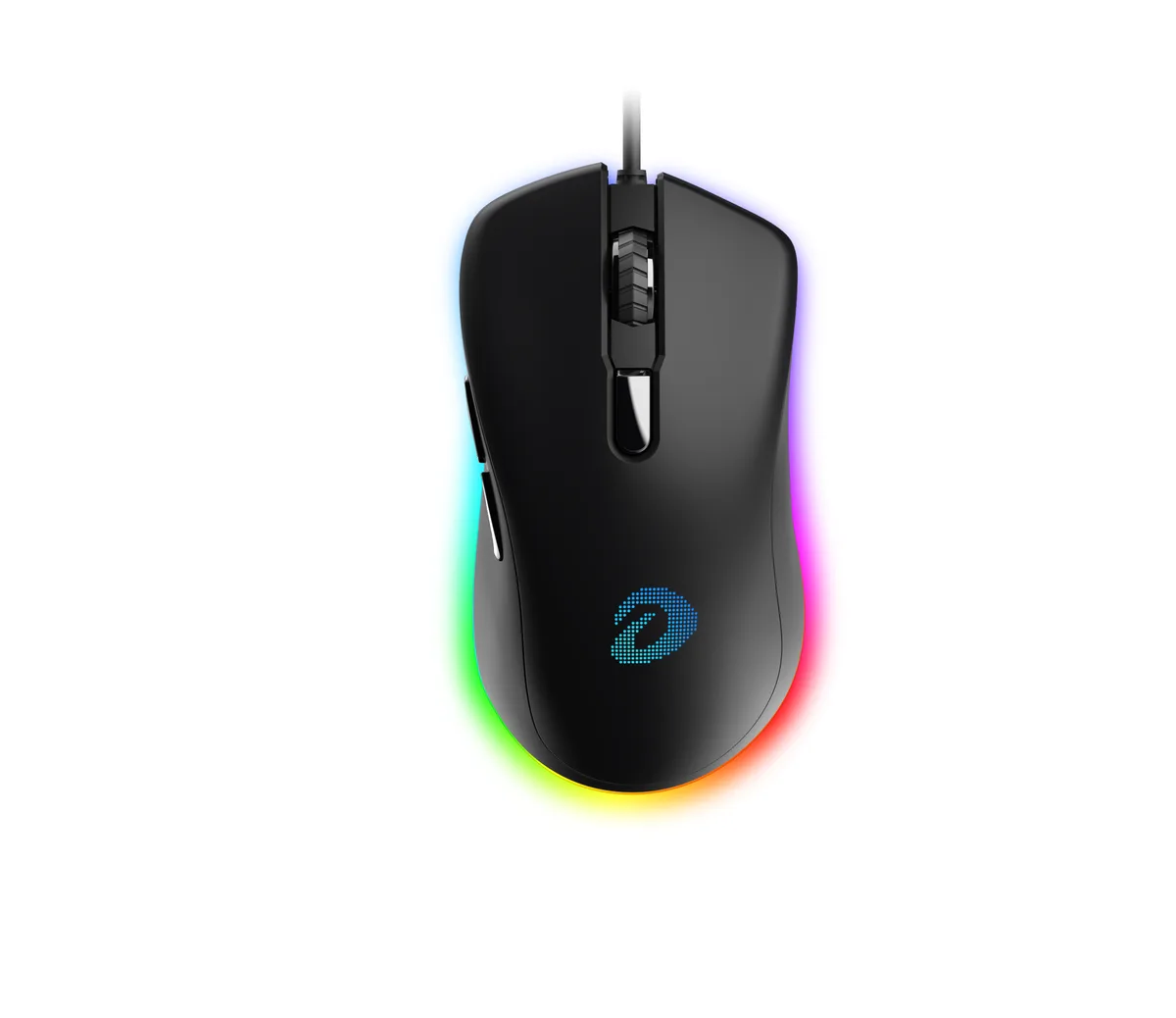 Right-handed wired gaming mouse in black with RGB lighting and six buttons