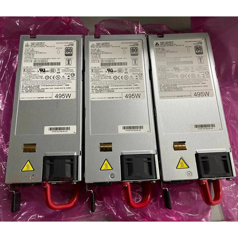 Silver rectangular ATX power supply unit with label showing DPS-495CB-A PWR-00159-04 495W