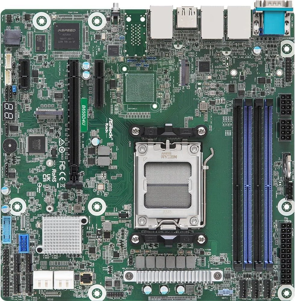 Rectangular green Micro-ATX server board with silver sockets, black expansion slots, dual RJ45 ports, VGA, HDMI, DisplayPort