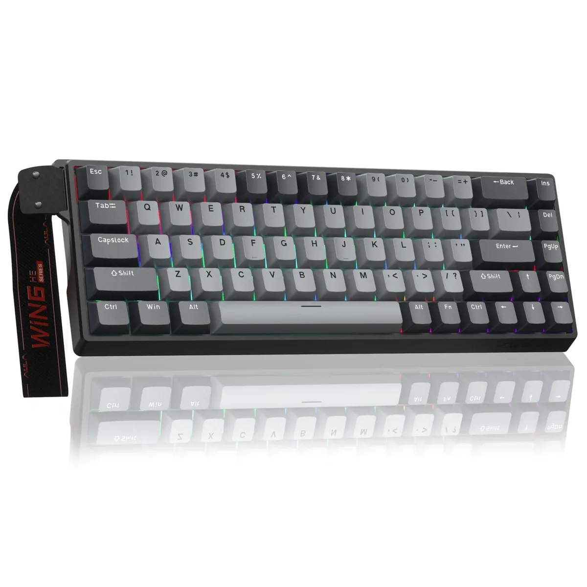 Compact 68-key grey keyboard with RGB backlighting and USB-C cable