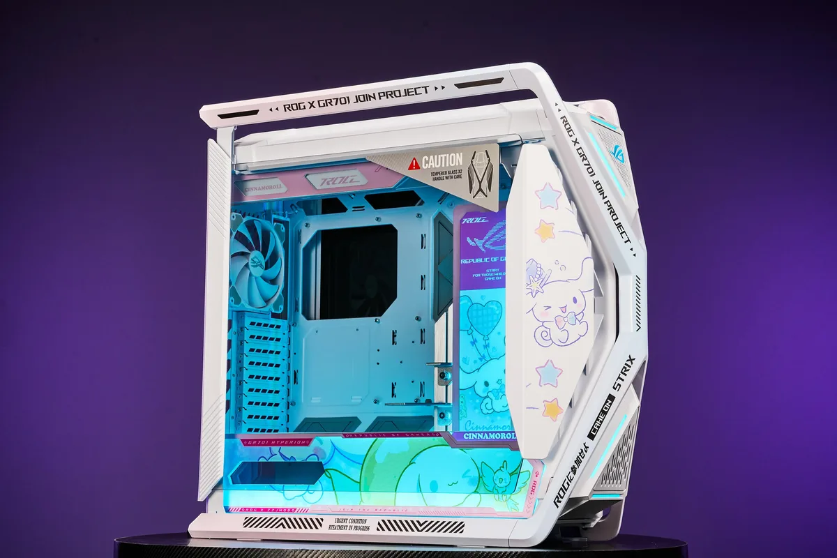 White full-tower case with Cinnamoroll graphics, dual tempered glass panels, four 140 mm fans visible behind mesh front