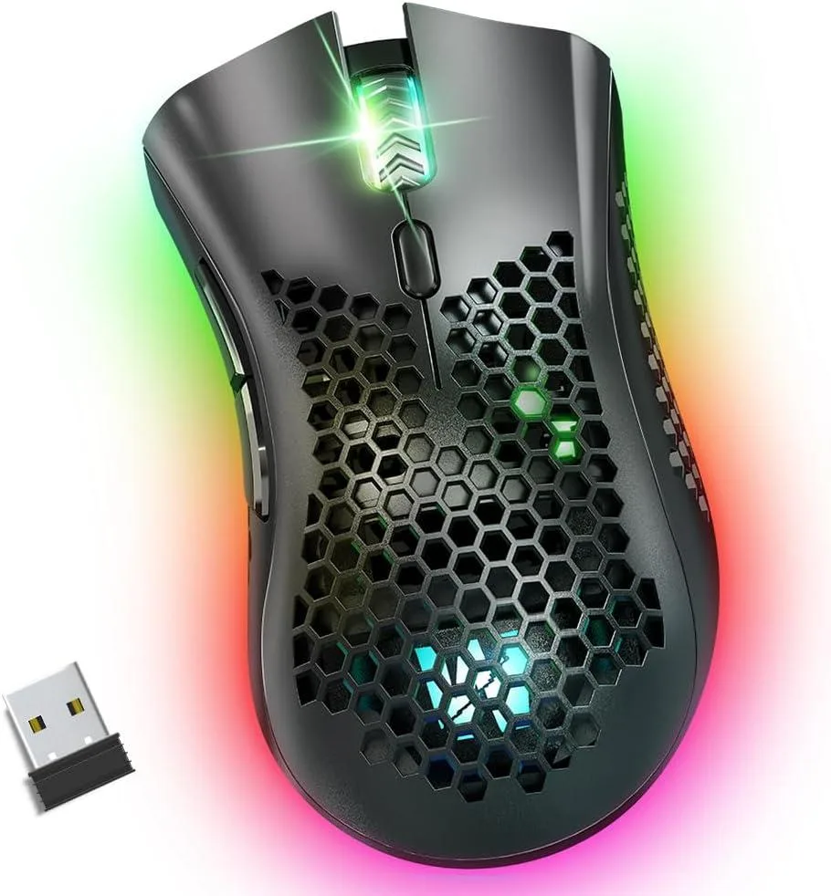 Lightweight honeycomb-shell wireless gaming mouse with six buttons and RGB lighting