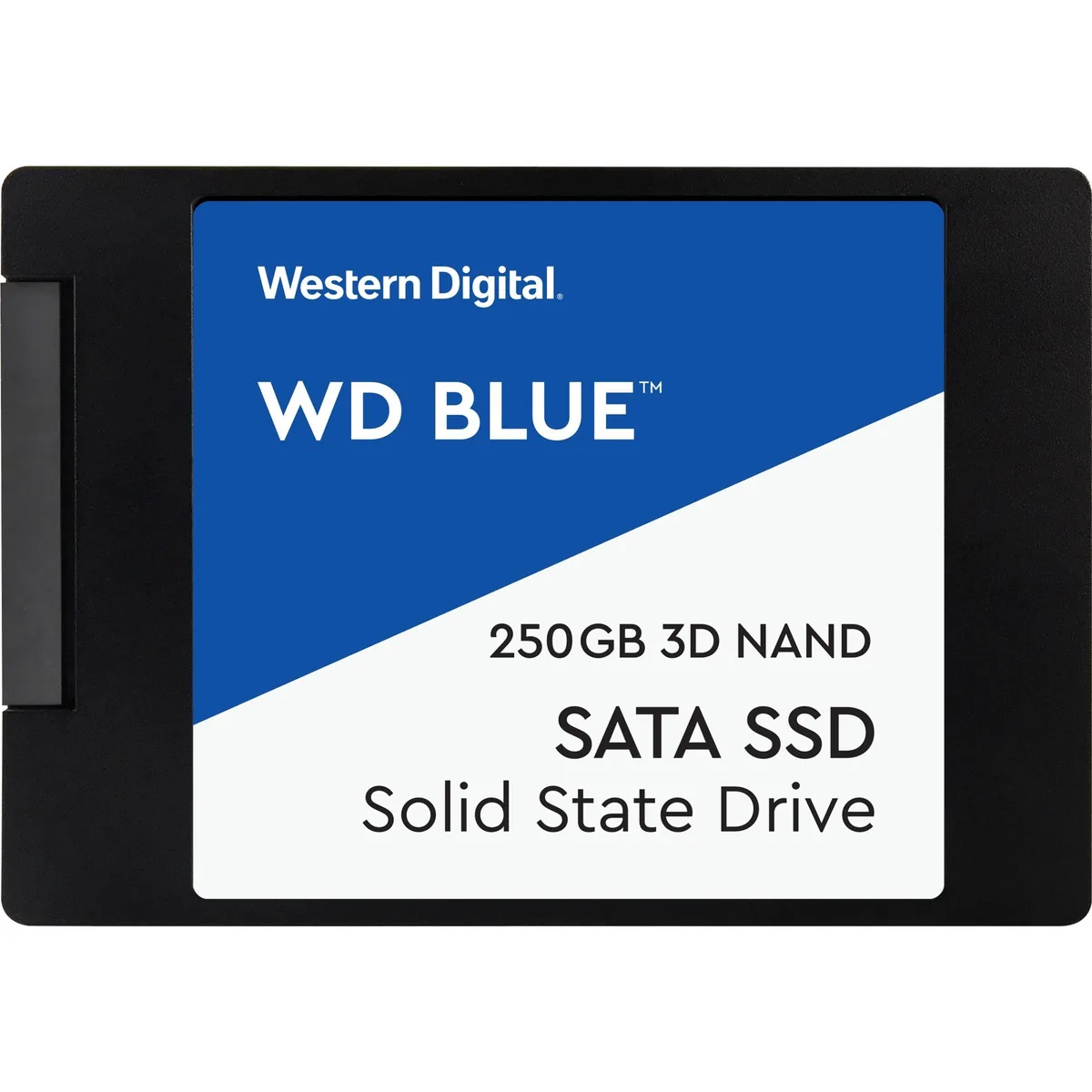 Rectangular 2.5 inch SSD with blue label and silver metal casing