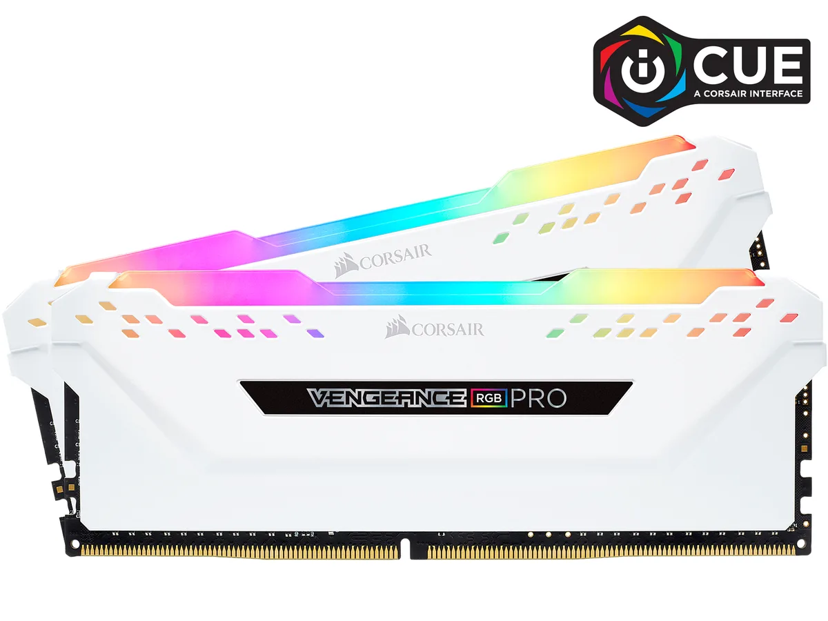 Two white DDR4 modules with anodized aluminium heat spreaders and RGB LEDs