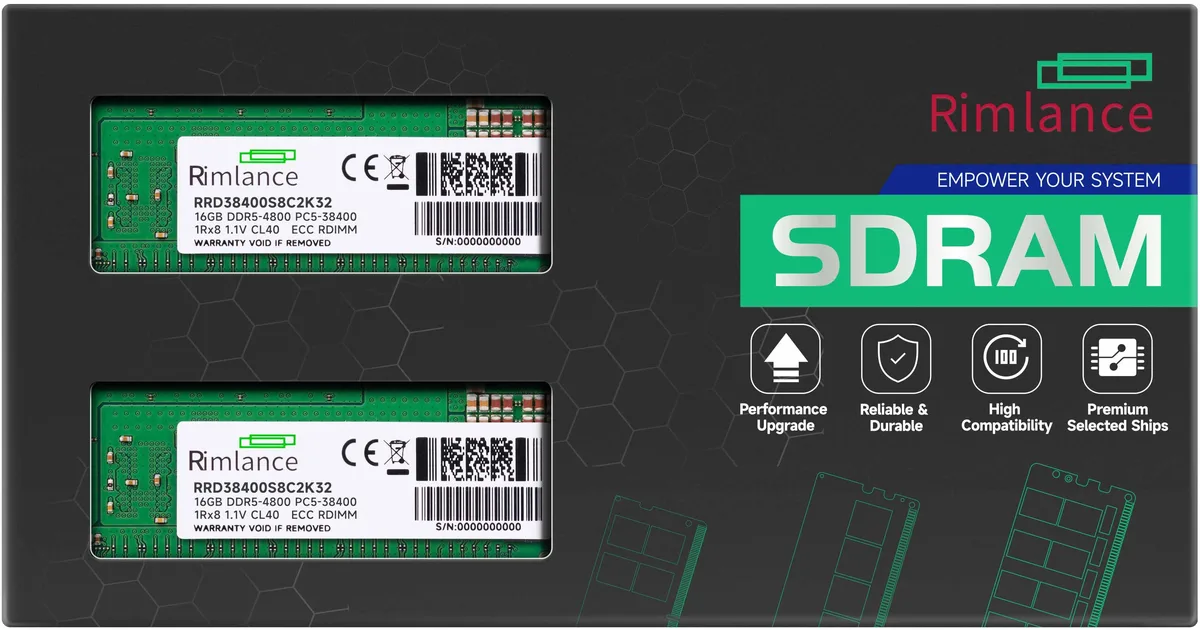 Two green DDR5 RDIMM modules with black heat spreaders and gold contacts