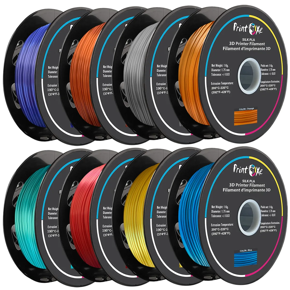 Eight spools of silk PLA filament in assorted colours on cardboard spools