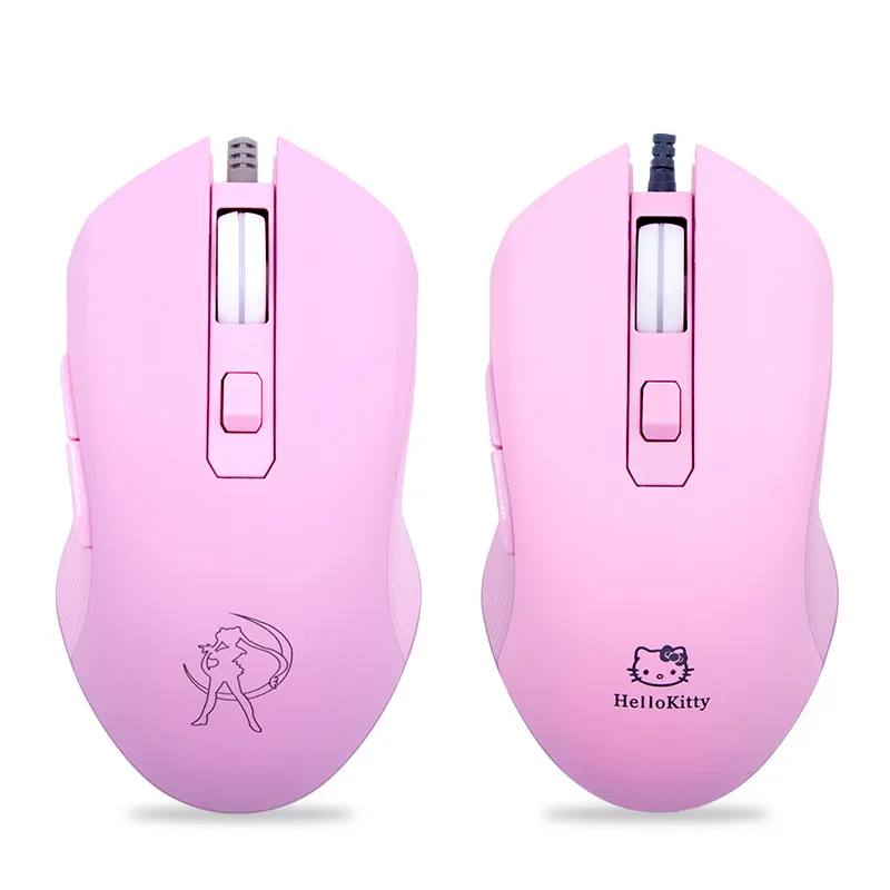Pink wired gaming mouse with Sailor Moon logo, ergonomic right-hand shape, 7-color backlight, six buttons, USB cable