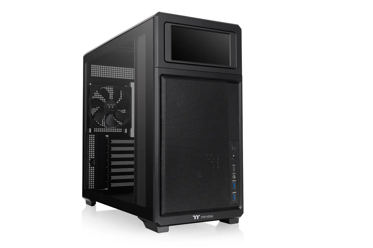 Black mid-tower ATX case with tempered glass side panel and front 6.0 inch LCD screen