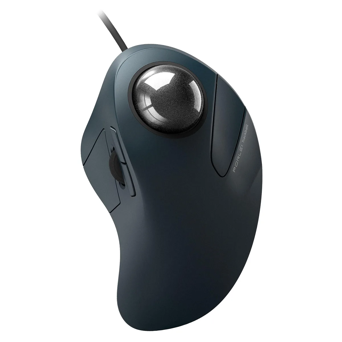 Right-handed black trackball mouse with finger-operated ball and 16 buttons