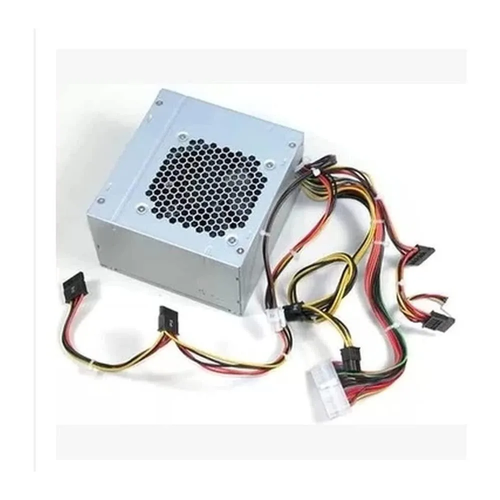 Rectangular black metal PC power supply unit with cooling fan and cable bundle